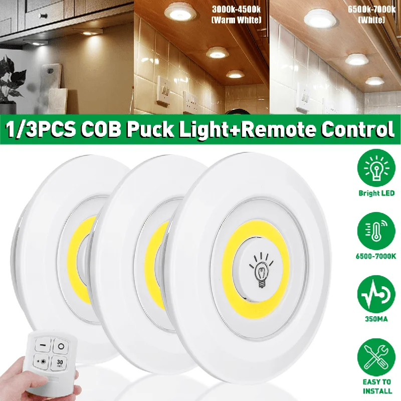 1/3PCS under Cabinet Lights Closet Kitchen Counter COB Puck Light+Remote Control