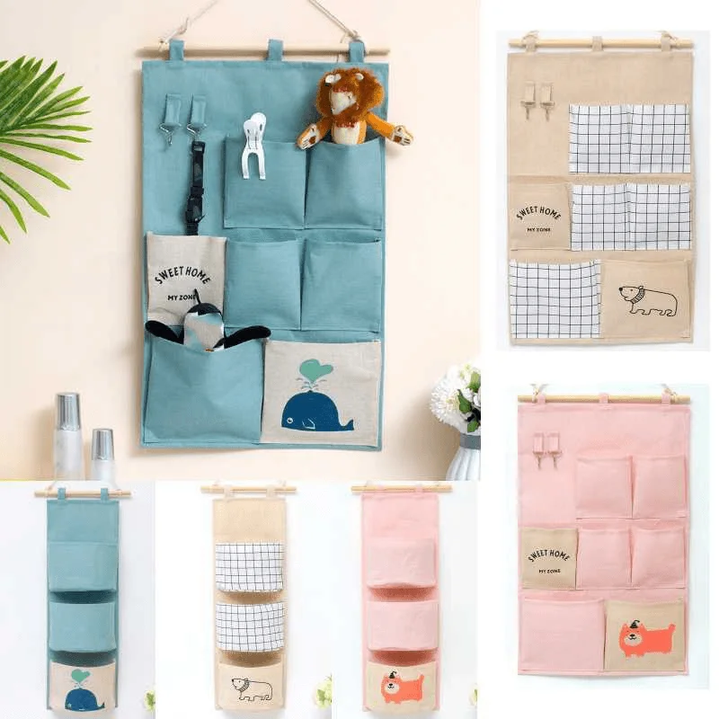 3 Colors Practical 3/7 Pockets Wall Door Closet Hanging Storage Bag Linen Fabric Organizer Pouch