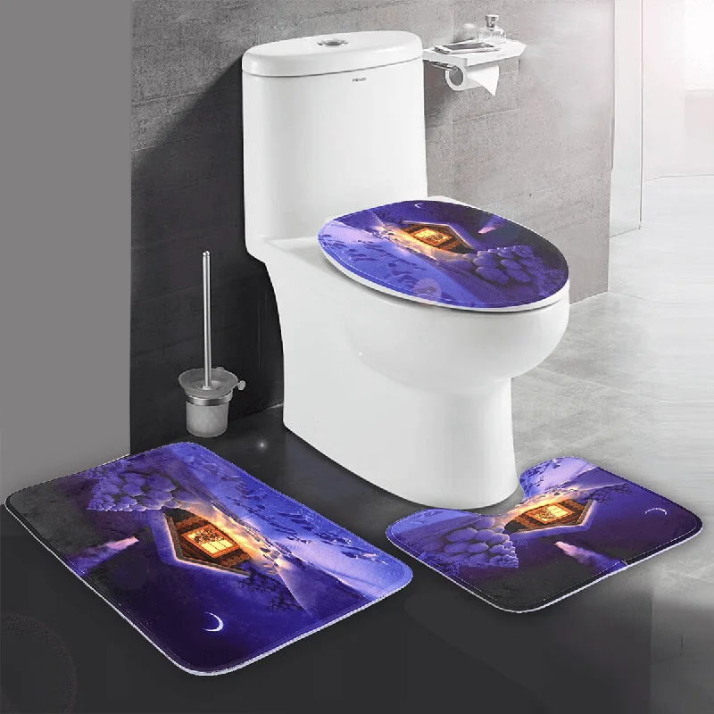 3Pcs Bathroom Set Flannel Carpet Christmas Toilet Non-Slip Rug Lid Pedestal Mat