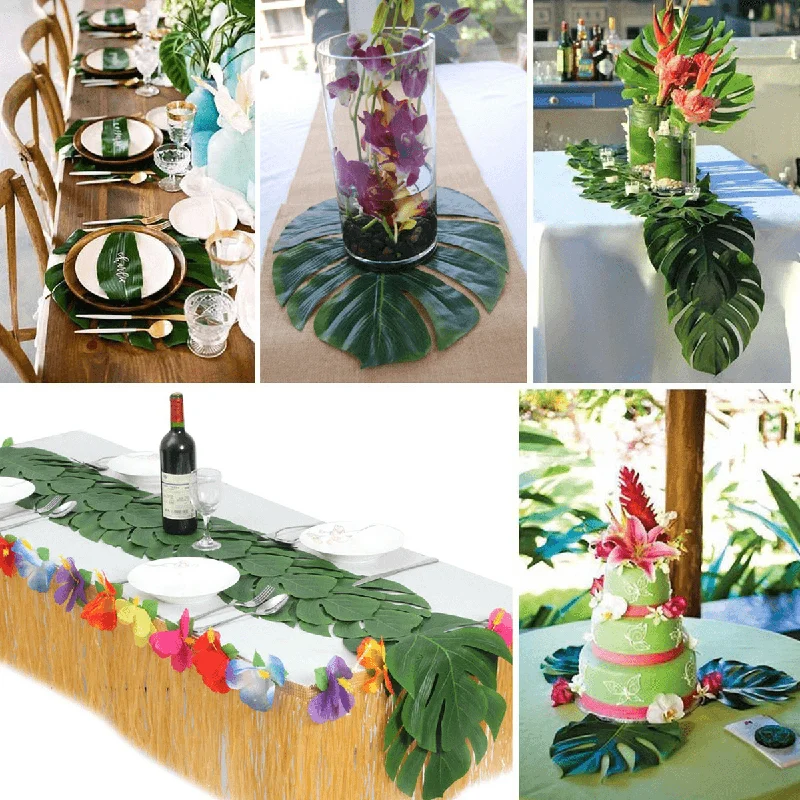 Set of 60 Artificial Palm Leaves and Hibiscus Flowers for Tropical Hawaiian Party and Wedding Decorations