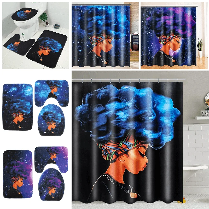 African Female Waterproof Shower Curtain Anti-Rust Non-Slip Polyester Bath Mat Set