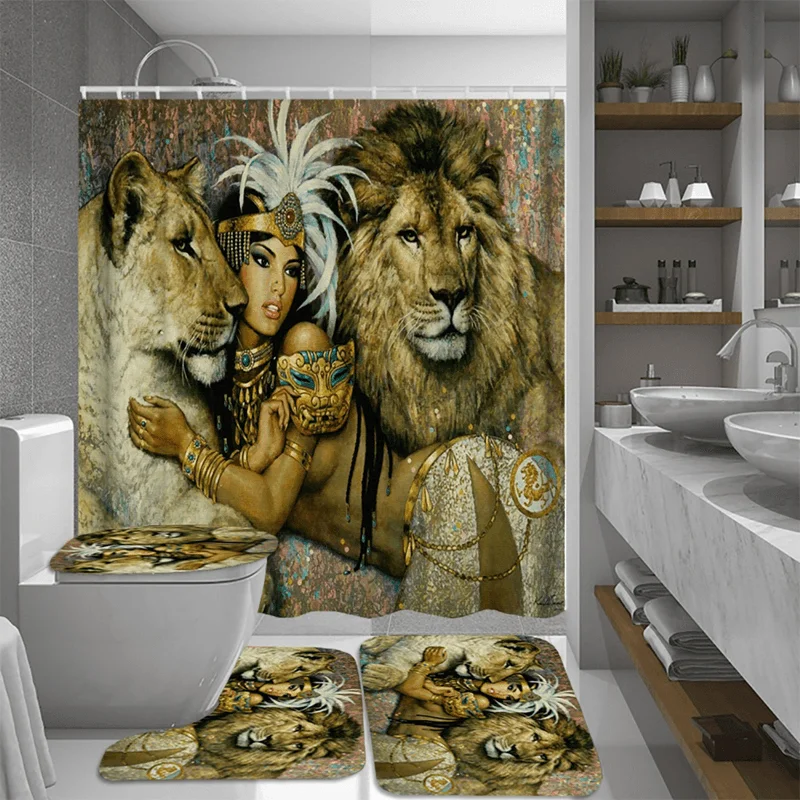 African Woman Egypt Queen and Lion Waterproof Bathroom Set Shower Curtain Bath Mats Floor Doormat Rugs