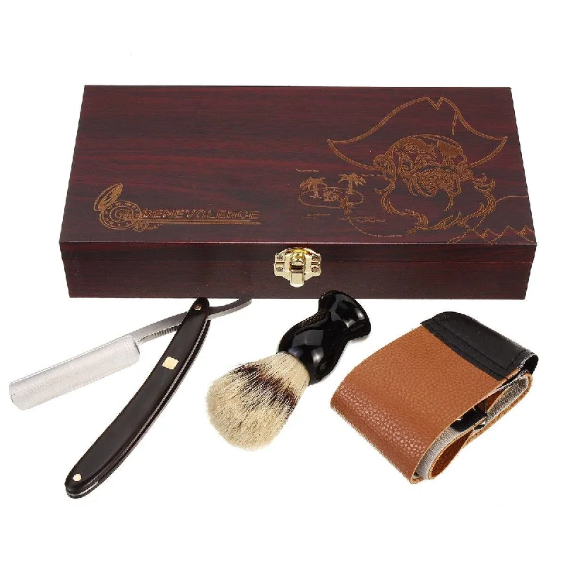 Barber Shaving Kit Set Straight Razor Shaving Brush Strop Wooden Box