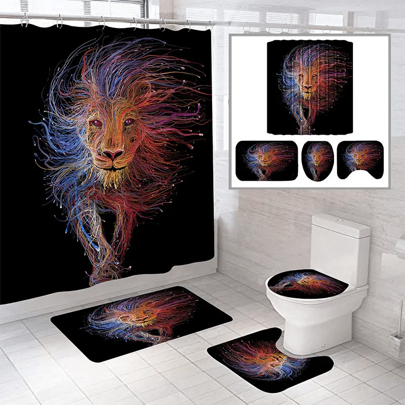 Colorful Lion Pattern Shower Curtain Bath Mat Toilet Pad Set Anti-Slip Toilet Pattern Carpet for Bathroom Decoration