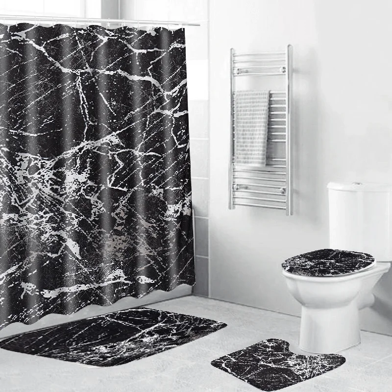 Marble Carpet Shower Curtain Four-Piece Toilet Bathtub Anti-Static Waterproof Anti-Mildew Non-Slip Mat Set