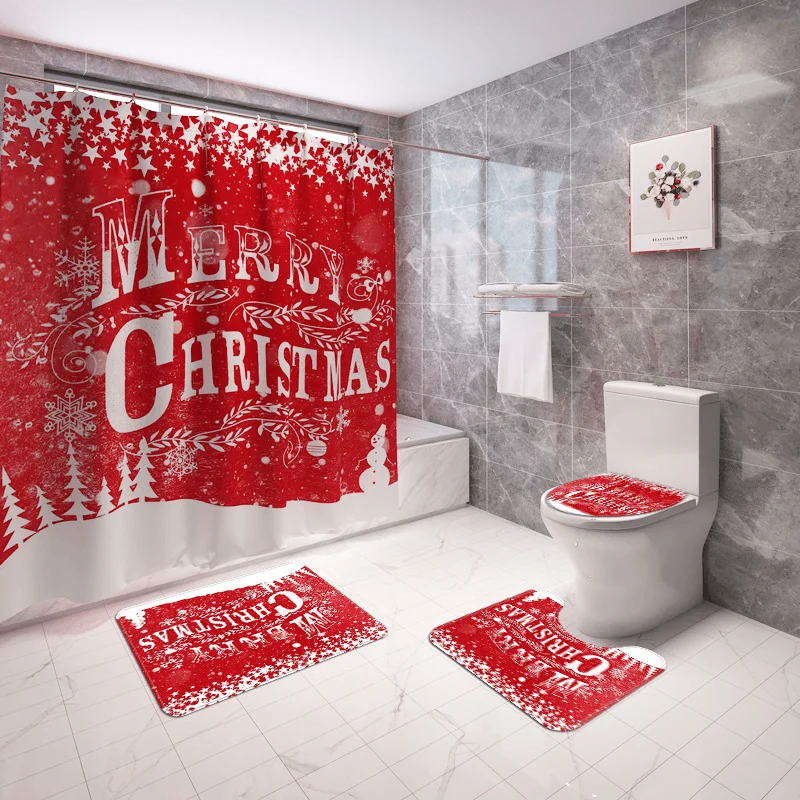 Merry Christmas Waterproof Bathroom Shower Curtain Mould Proof Toilet Cover Mat Non Slip Rug Set Home Decor