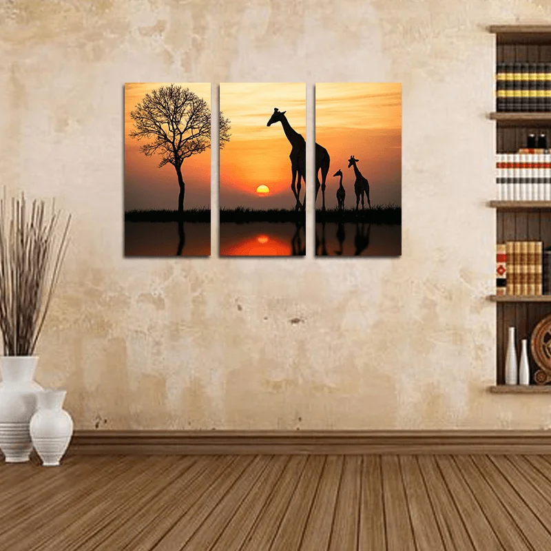 Miico Hand Painted Three Combination Decorative Paintings Giraffe in the Sunset Wall Art for Home Decoration