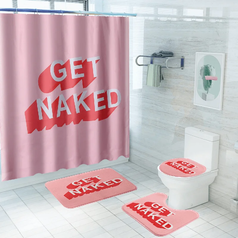 Shower Curtain Set Bathroom Non-Slip Toilet Mat Cover Rug Pink