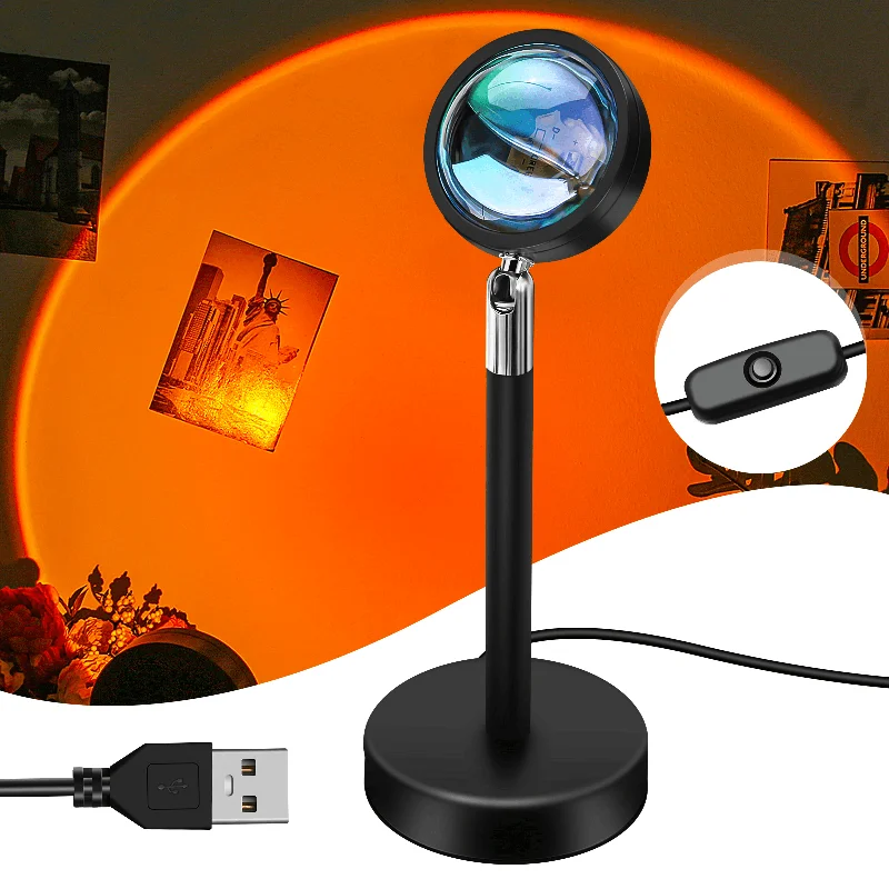 USB Sunset Red Projection Lamp Projector LED Mellow Floor Lamp Rainbow Night Light 360 Degree Rotation for Photography/Party/Home Decor/Bedroom Living Room Bring Modern Sunset Red Lamp