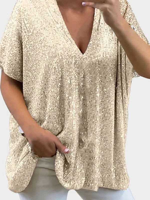 Size Inclusive Sequin V-Neck Short Sleeve Top