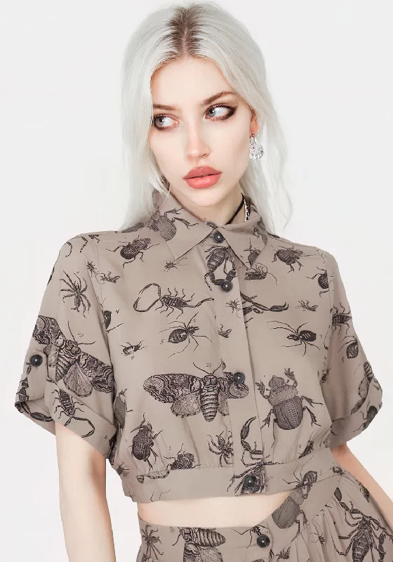 Parasite Bugs Print Crop Short Sleeve Shirt - Taupe