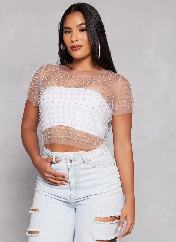 Haute Monde Mesh Rhinestone Faux Pearl Short Sleeve Top