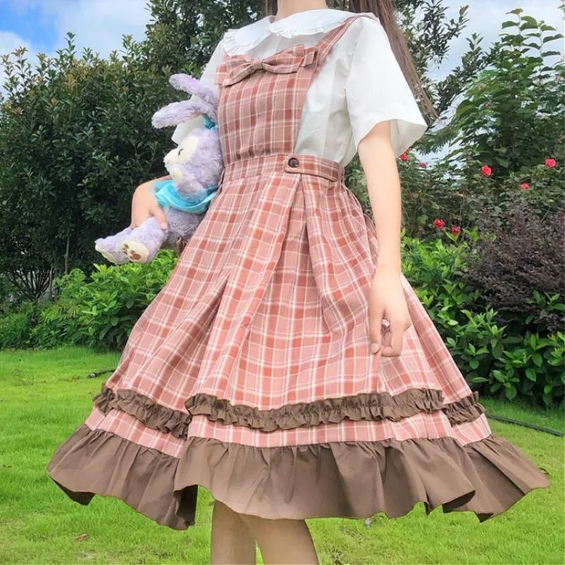 Women's Harajuku Bowknot High-waisted Plaid Dresses