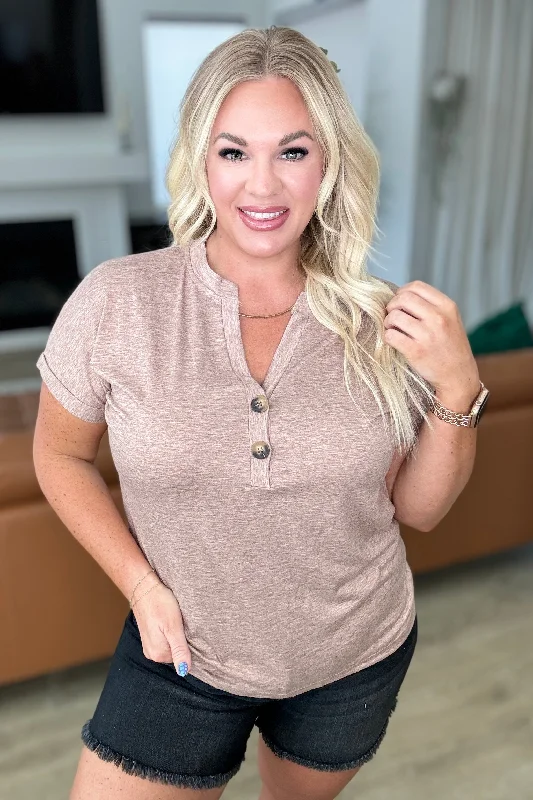 Almost There V-Neck Henley Top In Taupe