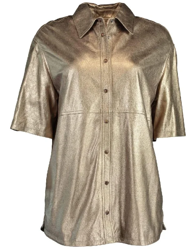 Gold Metallic Short Sleeve Snap Front Leather Shirt