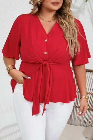 Red Tie Button V Neck Top