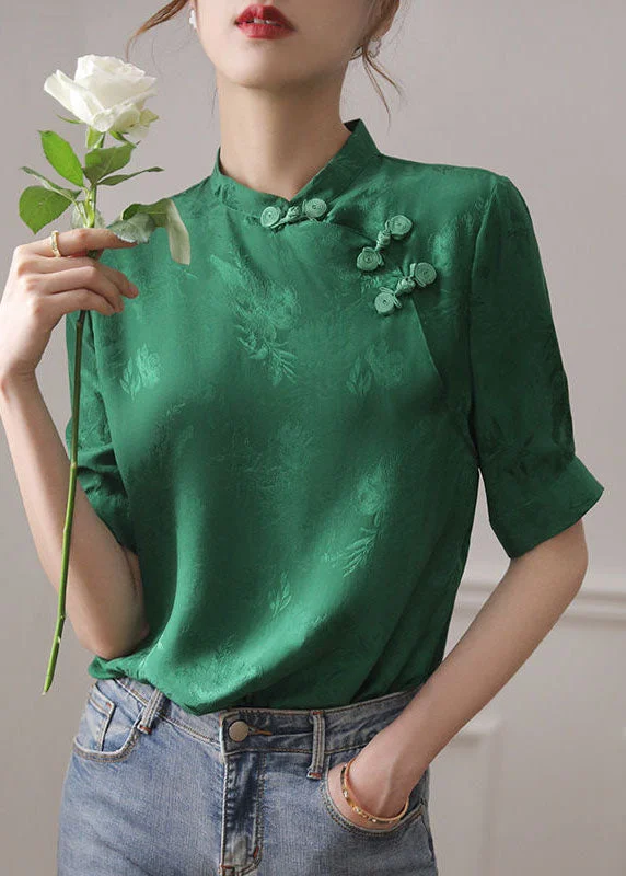 Vintage Green Mandarin Collar Jacquard Oriental Button Silk Shirt Tops Short Sleeve