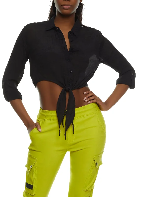 Long Sleeve Tie Front Cropped Shirt