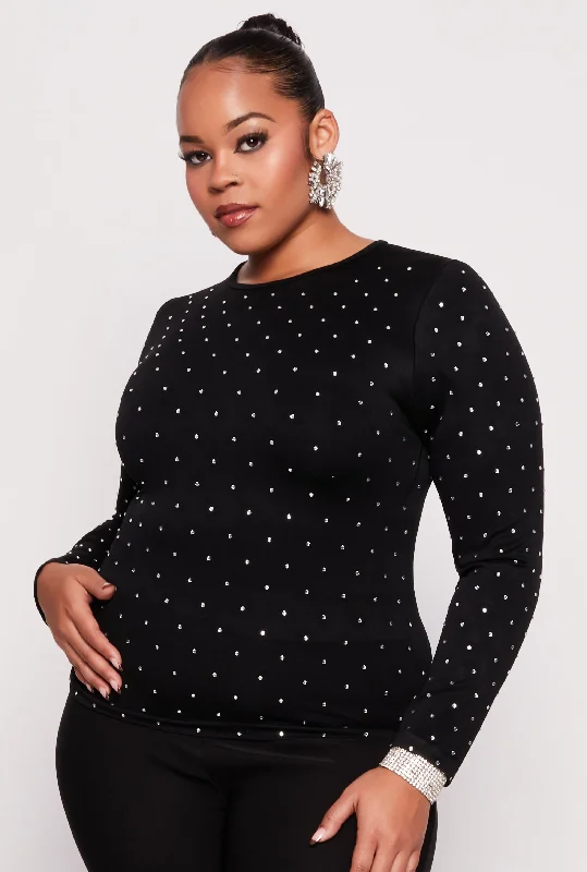 Plus Size Rhinestone Studded Long Sleeve Top