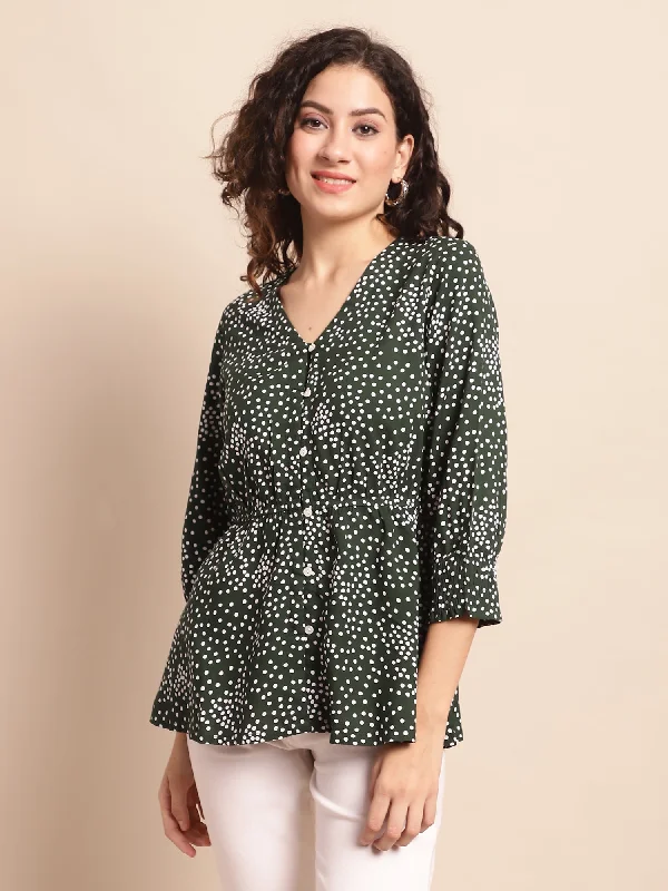 Women's Casual  Green Polka dot Print V neck Top