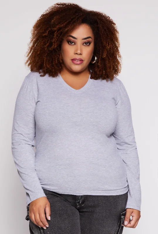 Plus Size Long Sleeve V Neck T Shirt