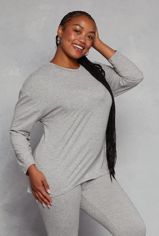 Plus Size Solid Crew Neck Long Sleeve Top