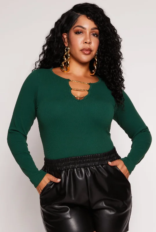 Plus Size Seamless Chain Notch Neck Long Sleeve Top