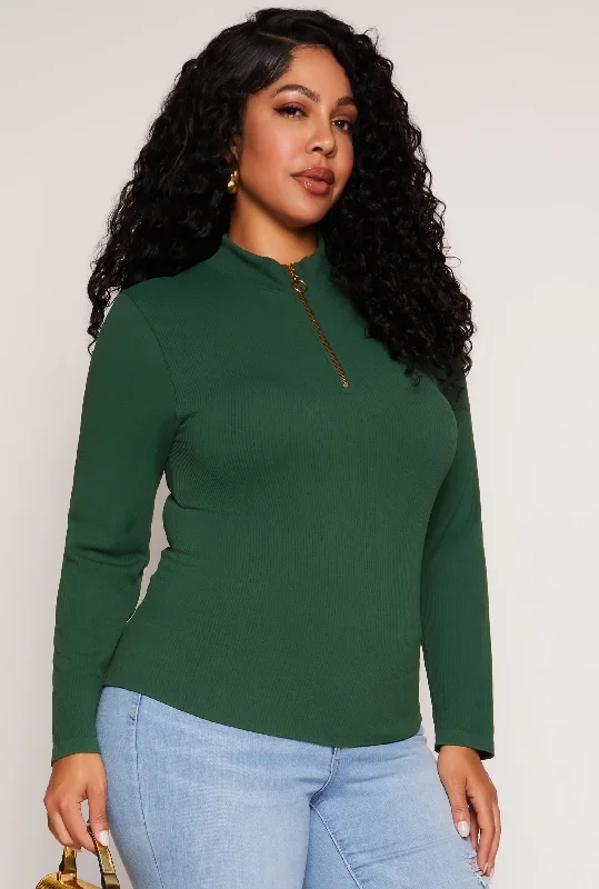 Plus Size Seamless Ribbed Zip Neck Long Sleeve Top