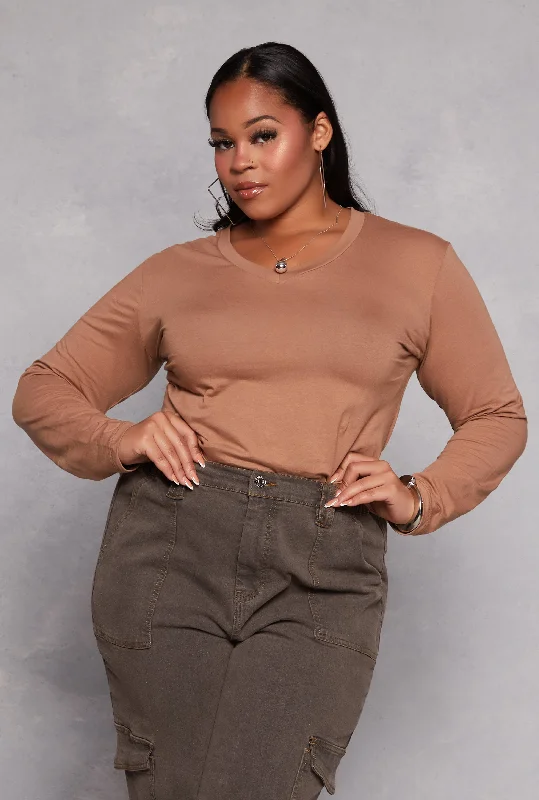 Plus Size Long Sleeve V Neck T Shirt