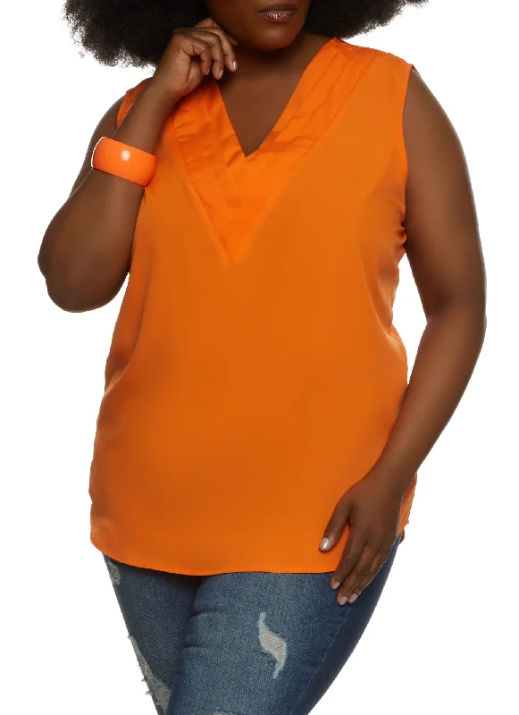 Plus Size Sleeveless Pleated V Neck Blouse