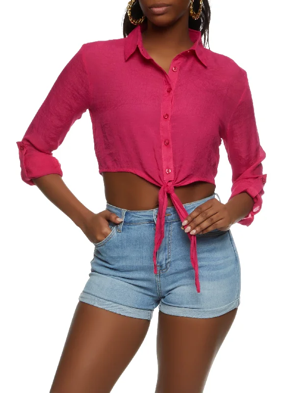 Long Sleeve Tie Front Cropped Shirt