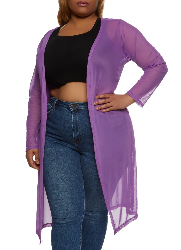 Plus Size Solid Mesh Long Sleeve Duster