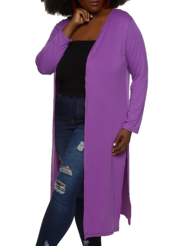 Plus Size Solid Side Slit Long Sleeve Duster