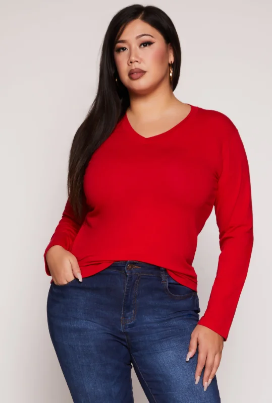 Plus Size Long Sleeve V Neck T Shirt