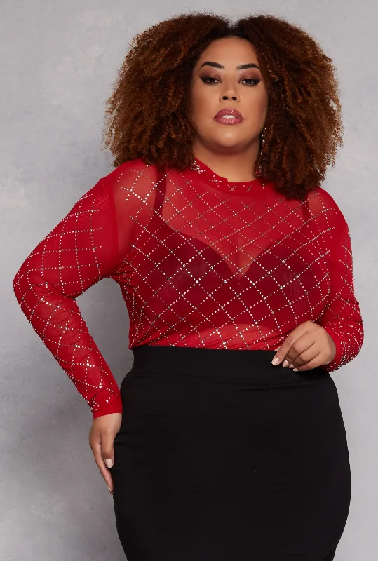 Plus Size Rhinestone Mesh Long Sleeve Top