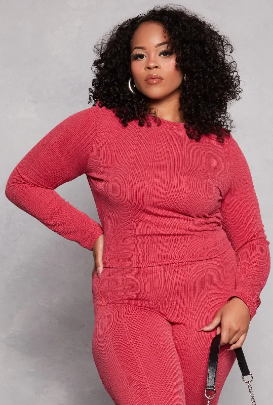 Plus Size Ribbed Crew Neck Long Sleeve Top