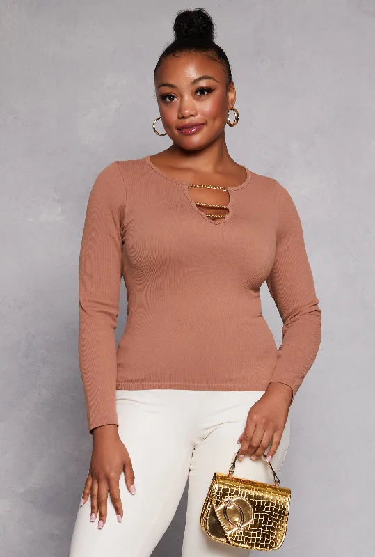 Plus Size Seamless Chain Notch Neck Long Sleeve Top