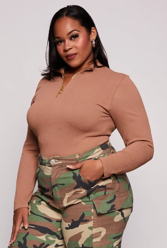 Plus Size Seamless Ribbed Zip Neck Long Sleeve Top