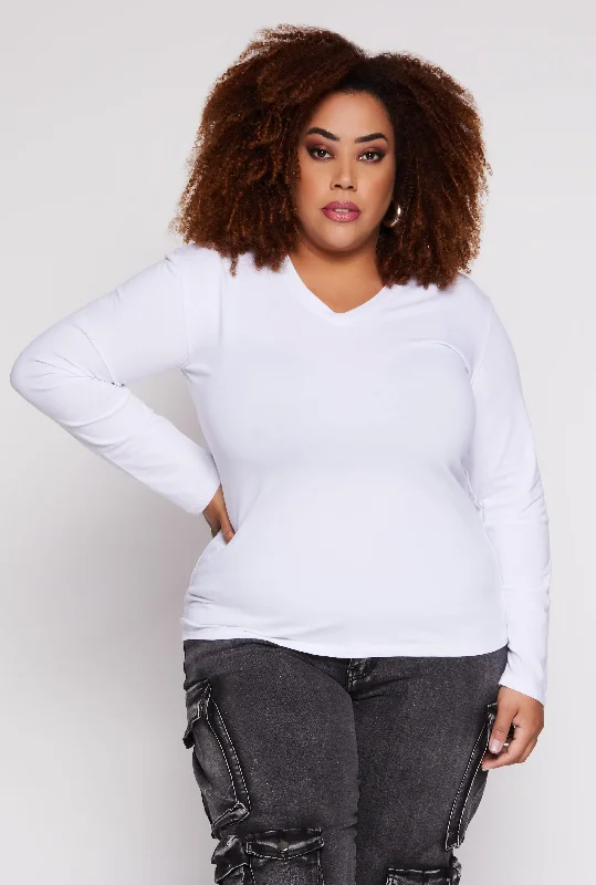 Plus Size Long Sleeve V Neck T Shirt