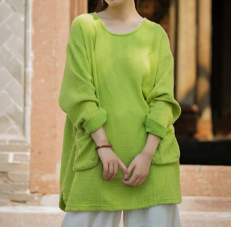 Women Loose Textured Solid Color Long Sleeves Tops