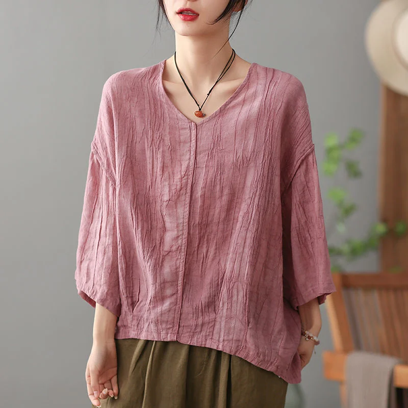 Women Solid Color V-Neck Creases Cotton Linen Blouses