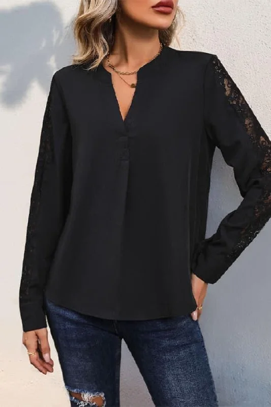 Black V Neck Lace Sleeves Blouse