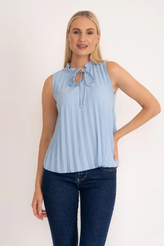 Blue Pleated Sleeveless Top