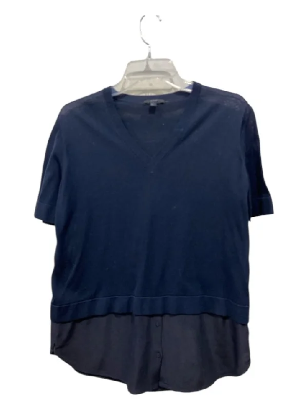 COS Size XS Navy Blue Cotton V Neck Half Sleeve Fabric Block Top