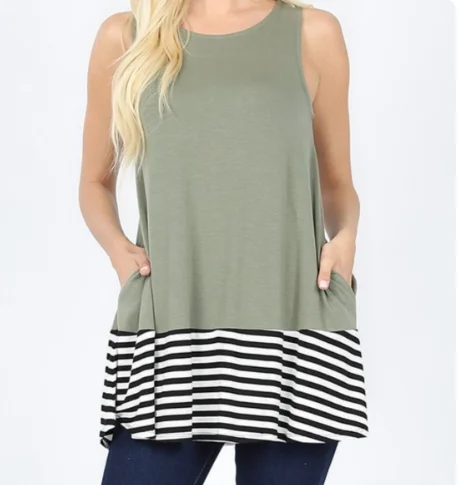 High Scoop Neck Sleeveless Pocket Tunic W/Hemline Stripes- 2 colors