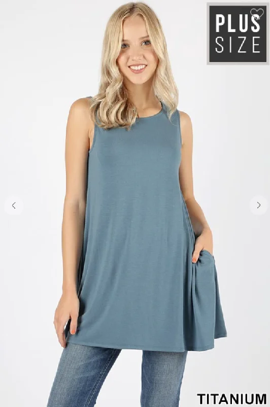 High Scoop Neck Sleeveless Tunic W/Pockets - 8 Colors