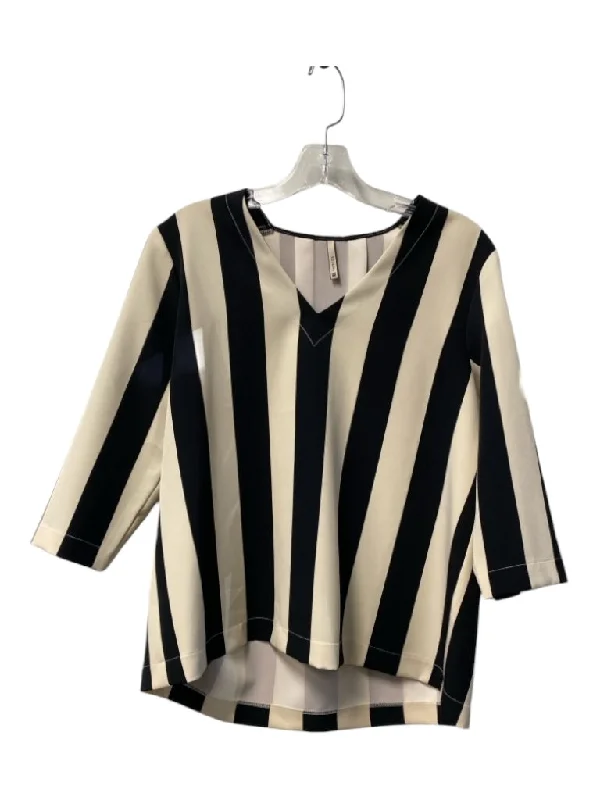 Indies Size 38 Black & White Polyester Wide Stripes 3/4 Sleeve V Neck Top