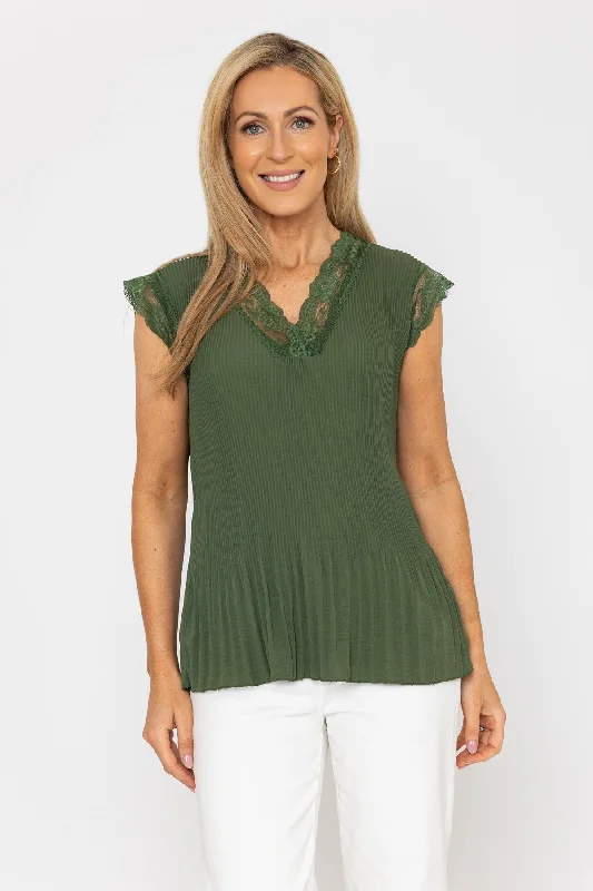 Khaki Sleeveless Lace Trim Pleat Top