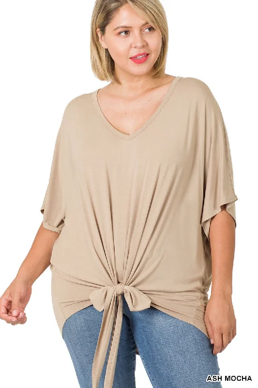 Plus Luxe V-Neck Tie Front Top in Ash Mocha