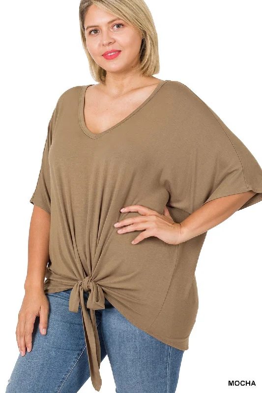 Plus Luxe V-Neck Tie Front Top in Mocha